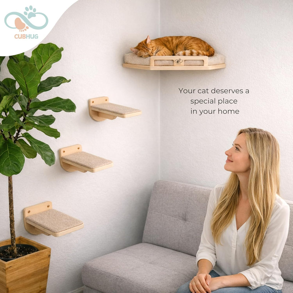 Cat Wall Shelves, Solid Wood Corner Bed, 3 Steps, Up to 25 lb, Wood
