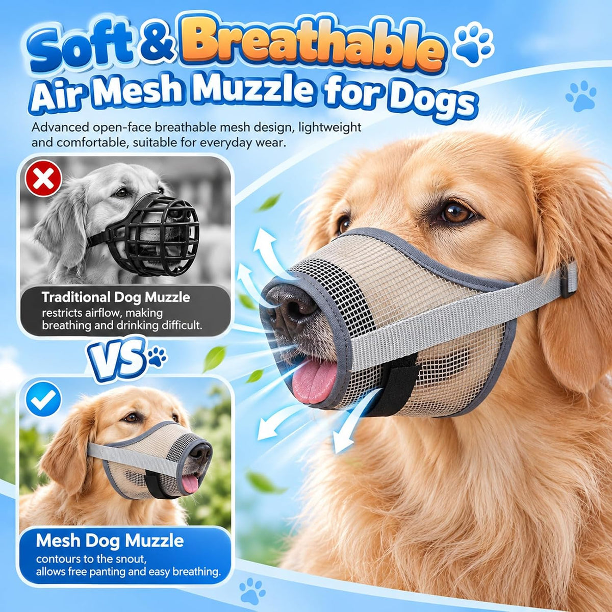 2PCS Breathable Mesh Dog Muzzle,Black+Gray,M Size
