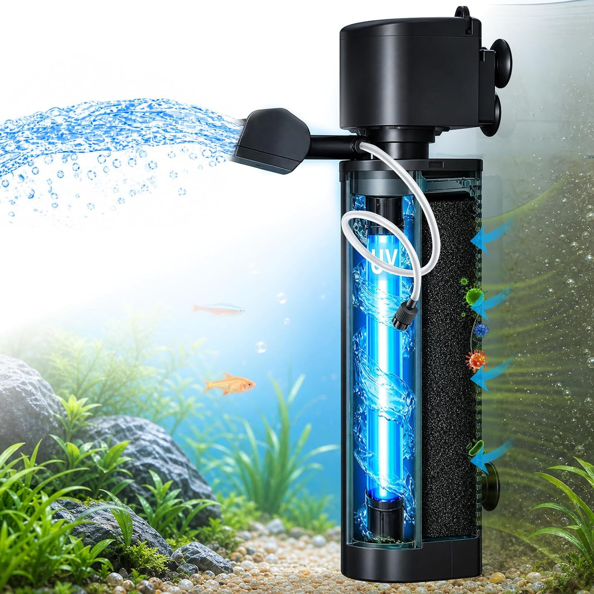 COOSPIDER Aquarium Filter with 6W U-V Light 158GPH for 10-45 Gallon Tank