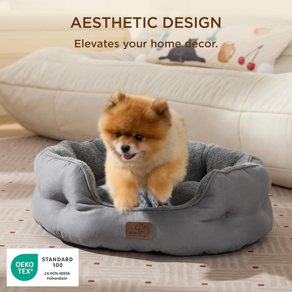 Bedsure Self Warming Cat Bed,Round Washable Small Dog Bed, 25In Grey