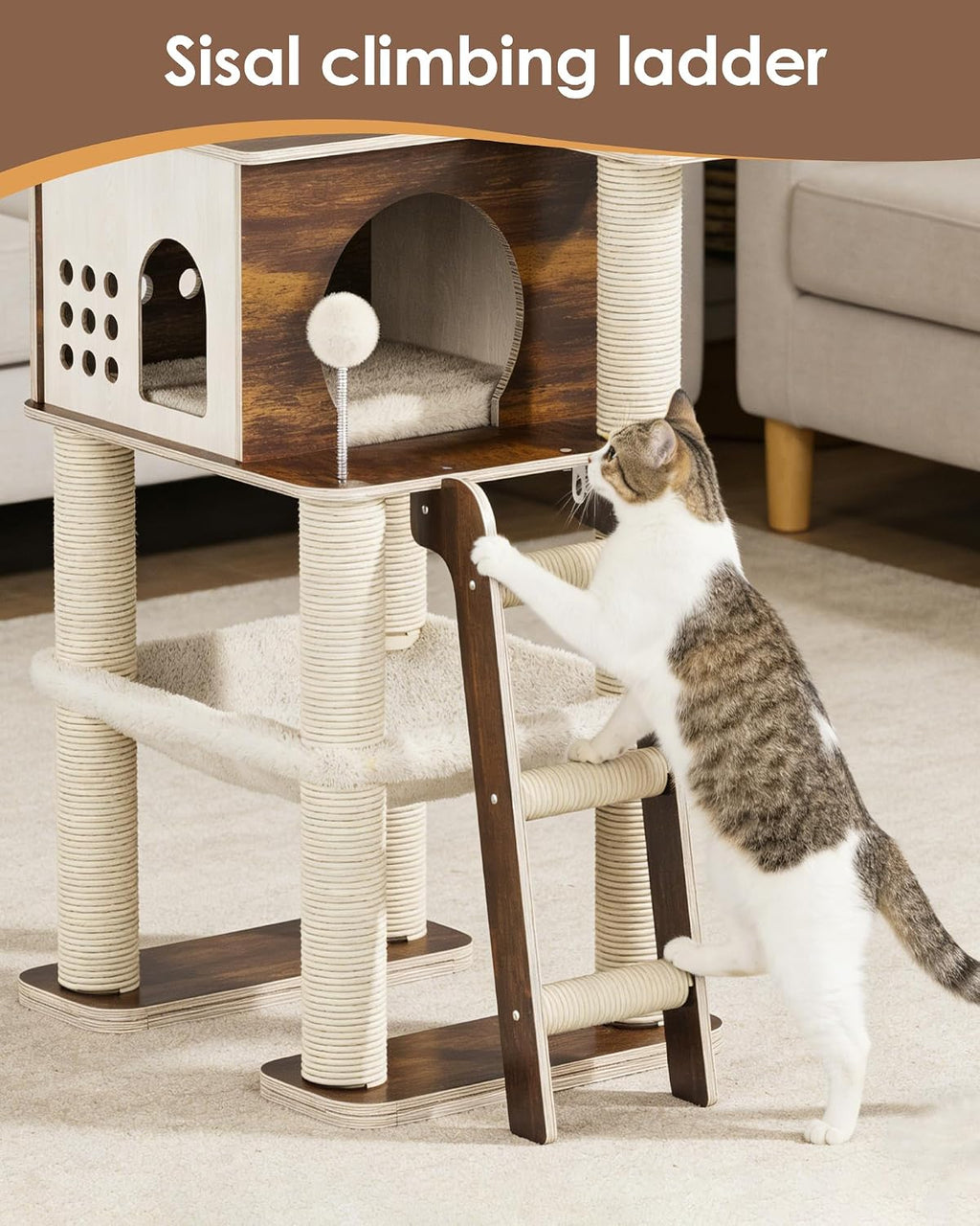 Modern Cat Tower, 60.3 Inches Multi-Level Cat Tree with Dark Wood-Look Panels, Sisal Scratching Posts, Hammock & Plush Perch, Safe for Kittens to Adult Cats