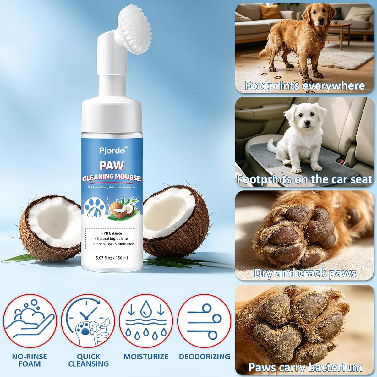 Dog Paw Cleaner Kit with No-Rinse Foam, Dog Paw Balm & Paw Scrubber