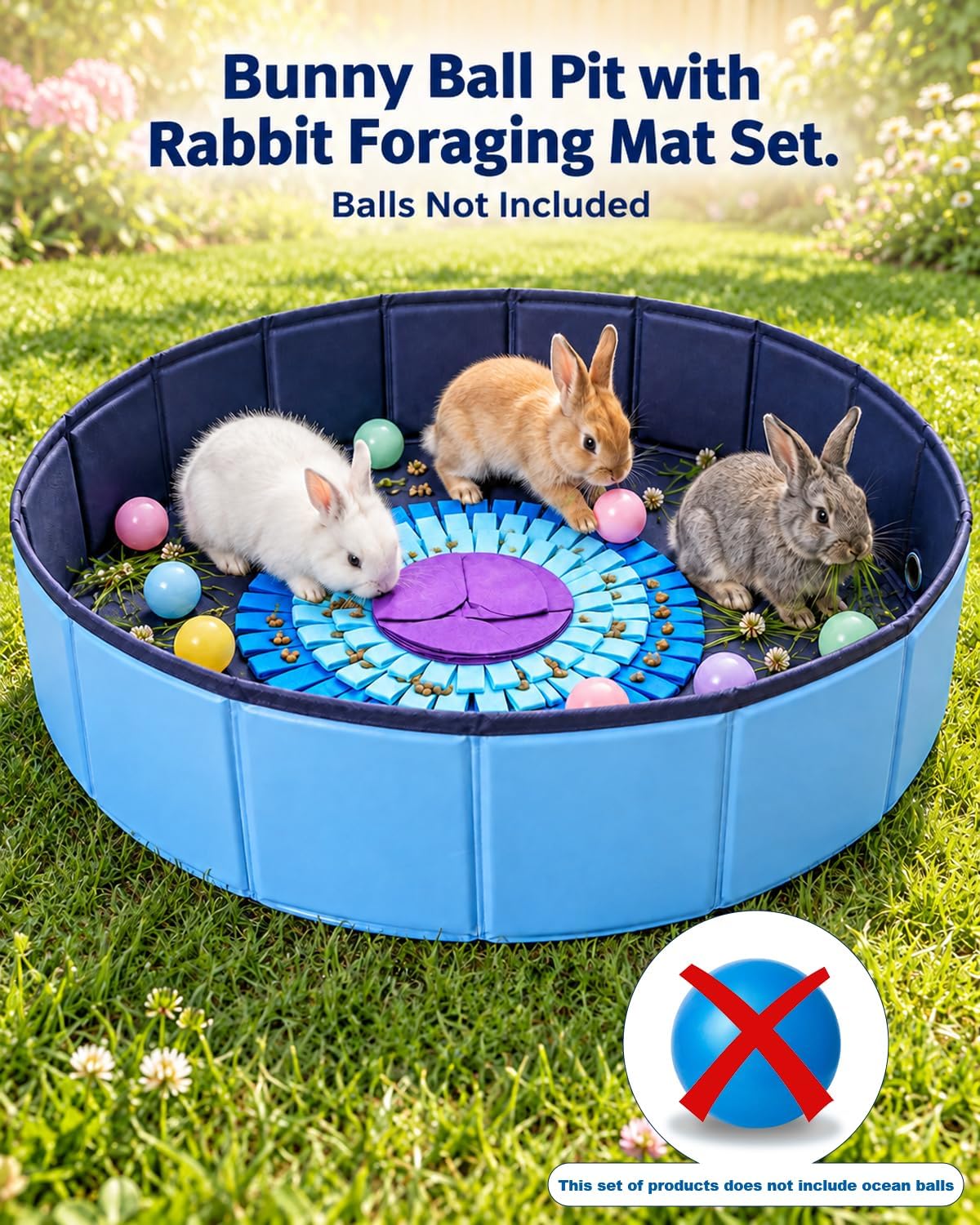 Bunny Ball Pit with Rabbit Foraging Mat Set, 23.6-Inch Round Small Animal Playpen with 18.9-Inch Snuffle Feeding Mat for Rabbits, Guinea Pigs and Chinchillas