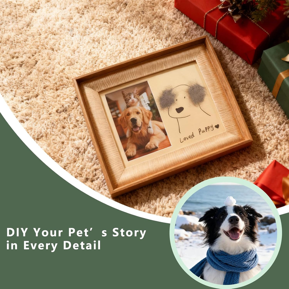 Pet DIY Frame with Hair Paste kit-DIY Memorial Keepsake for Cats and Dogs. Ideal Home Decoration and Gift. Pet Fur Keepsake kit with Customization Tool, Wooden Photo Print Frame. (Small)