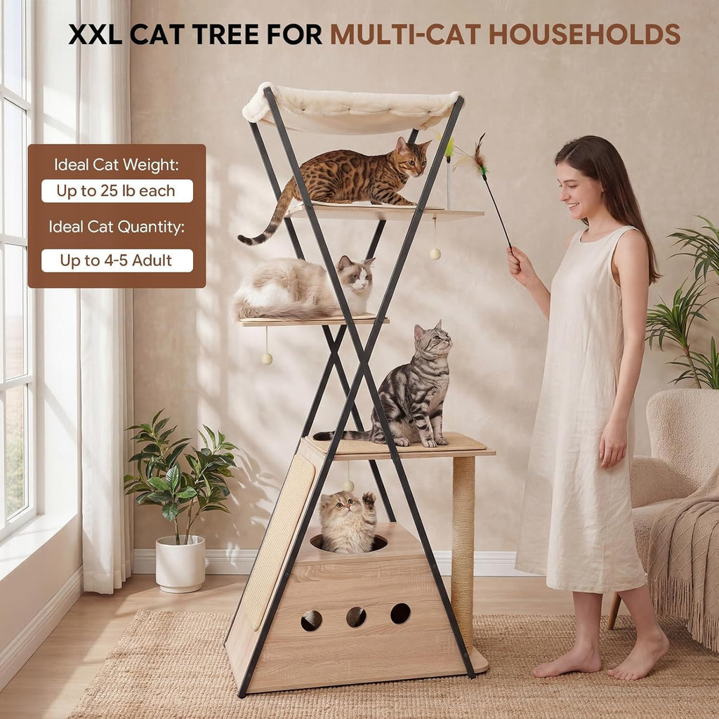 71" Modern Wood Cat Tree for Large Cats - Heavy Duty Tall Cat Tower for Indoor Cats, Multi-Level Cat Furniture with Spacious Condo, Large Perch, Scratching Posts & Hammock (Beige)