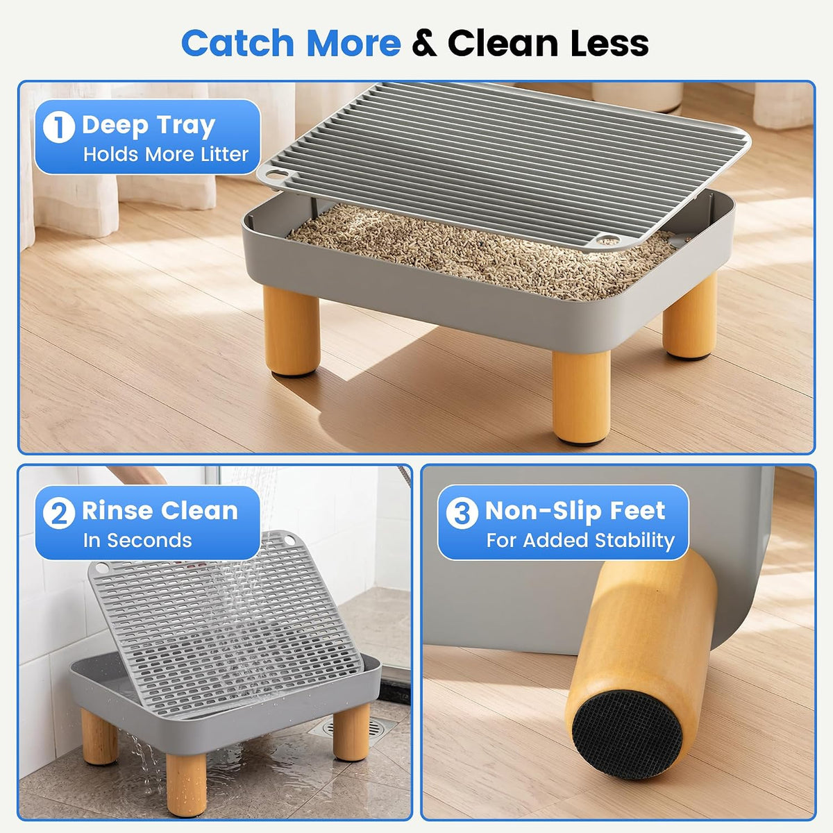 Large Litter Box Step for Big Cats, 15.8" x 11.8" x 5.9" Litter Box Ramp/Catcher with Wooden Base, Anti-Tracking Litter Catcher, Easy to Clean, for Large and Automatic Litter Boxes, Gray