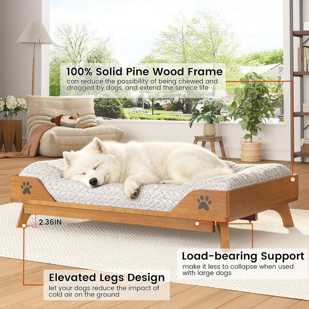 Elevated Dog Bed - Solid Wood Dog Bed Frame with Soft Cushion, Raised Dog Bed for Large Pets up to 150lbs, 36.6x24.8x7.9 in, Walnut