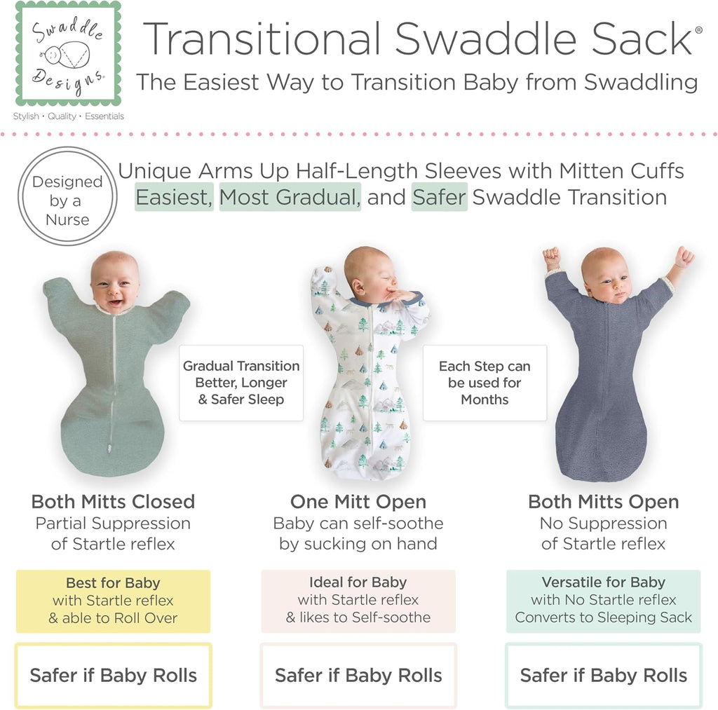 SwaddleDesigns Transitional Swaddle Sack, Cotton, Mountains & Trees, 0-3mo