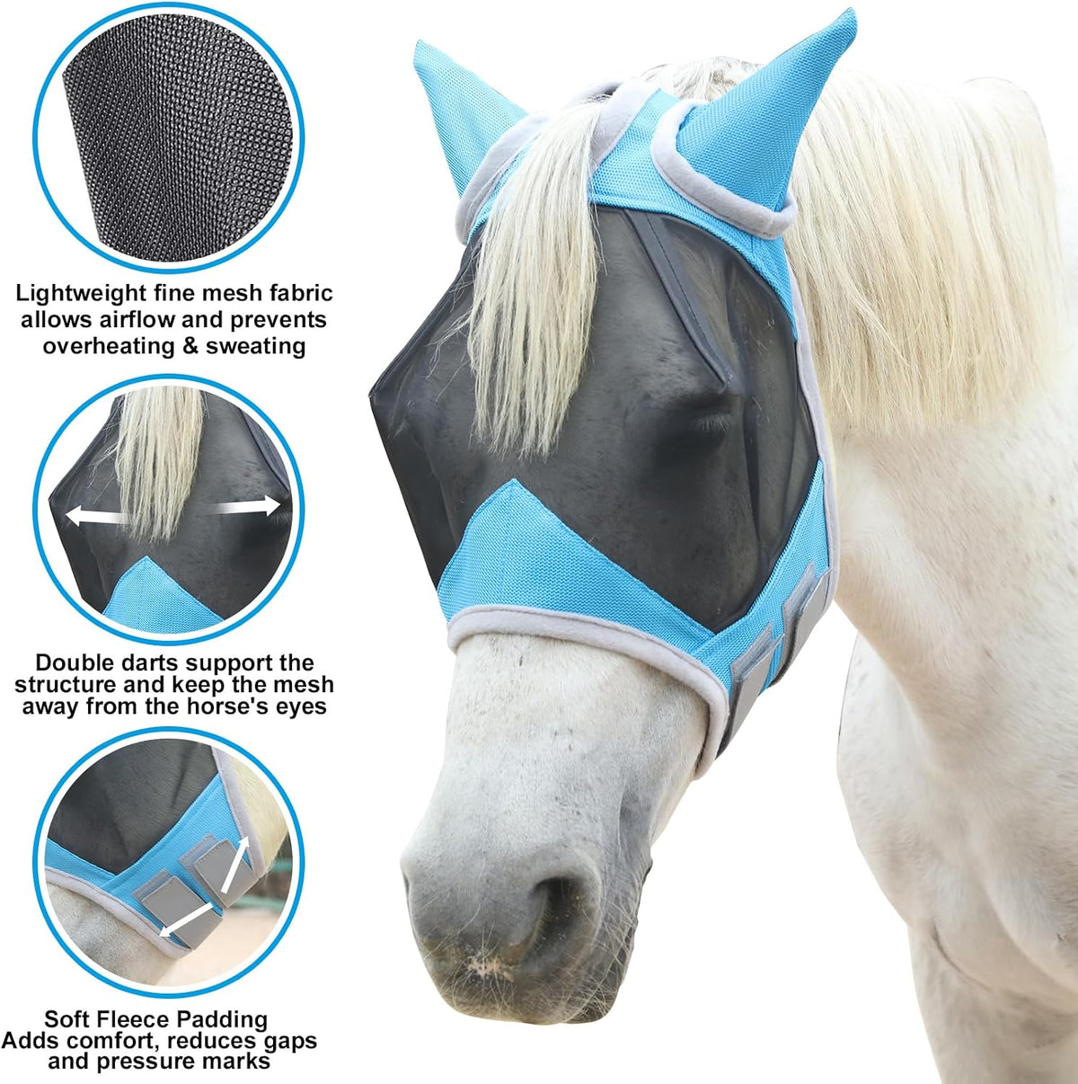 Horse Fly Mask with Ears, Breathable Fine Mesh Pale Blue Full