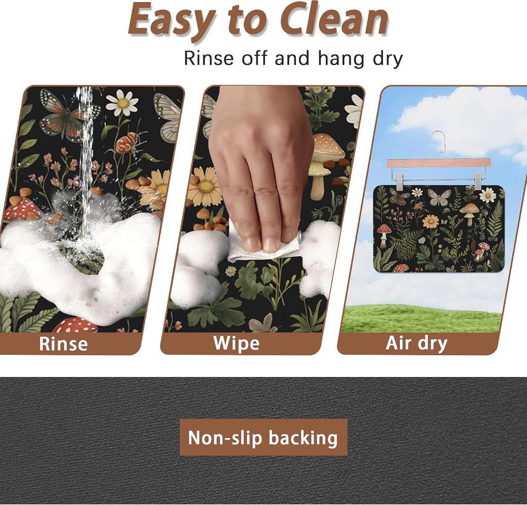 Red Mushroom Pet Feeding Mat,Fern Herb Butterfly Absorbent Quick-Dry Cat Dog Food and Water Bowl Mats,Non-Slip Rubber Backing Mat,Cat Dog Accessories Supplies 16"x24"