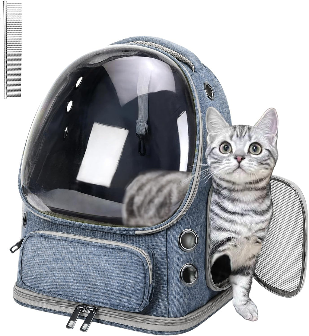 Cat Carrier with Groomer, Breathable Cat Bubble Carrier for Cats or Small Dogs up to 20 lbs, Collapsible Airline Approved, Clear Cat Travel Backpack (Blue)