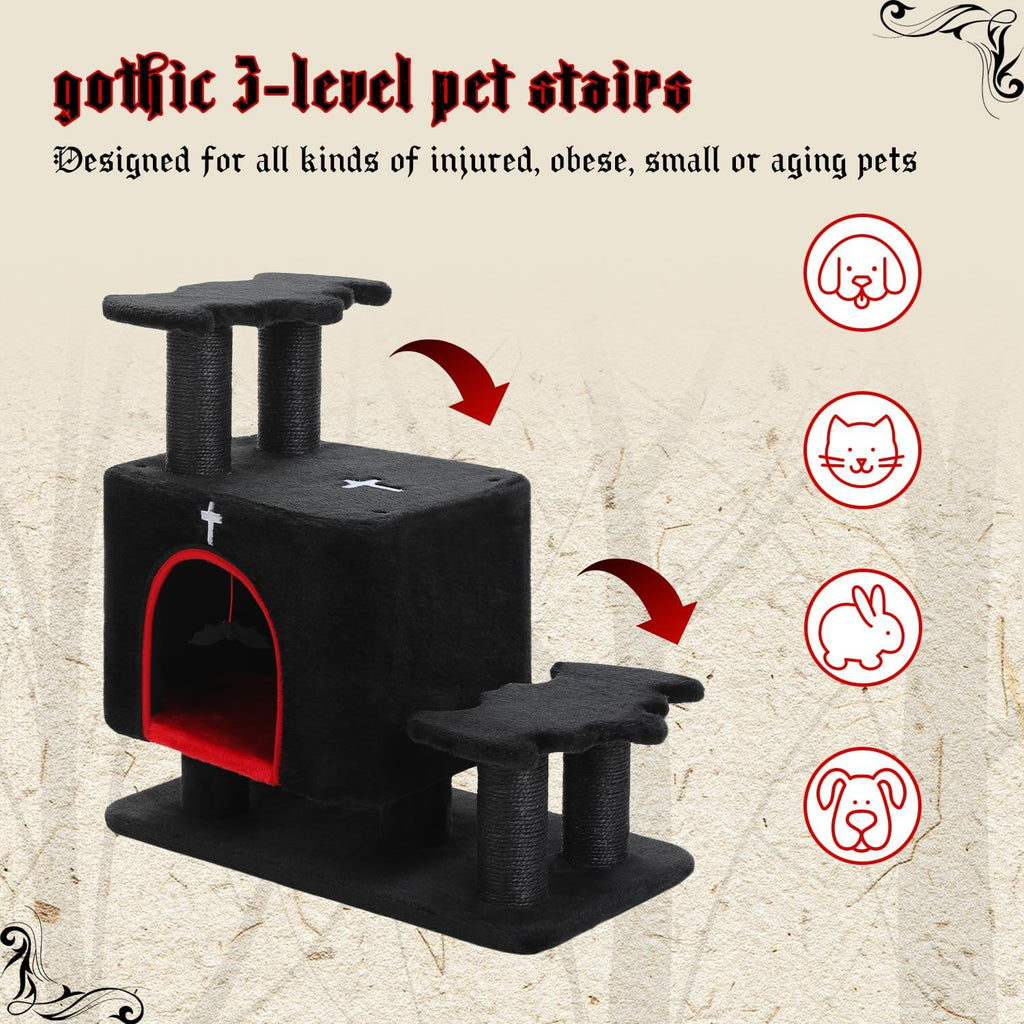 Gothic 3-in-1 Cat Stairs with Scratching Post & Condo, Pet Steps
