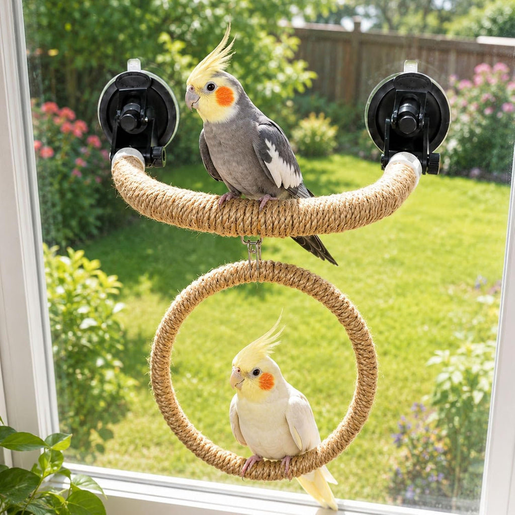 Natural Flax Bird Perch Window Stand for Climbing Grinding, Strong Suction Cup Bird Perch, Movable Parrot Perch Stand for Window Mirror Bath Car, Window Perch for Birds Cockatoo Parrot Cockatiel