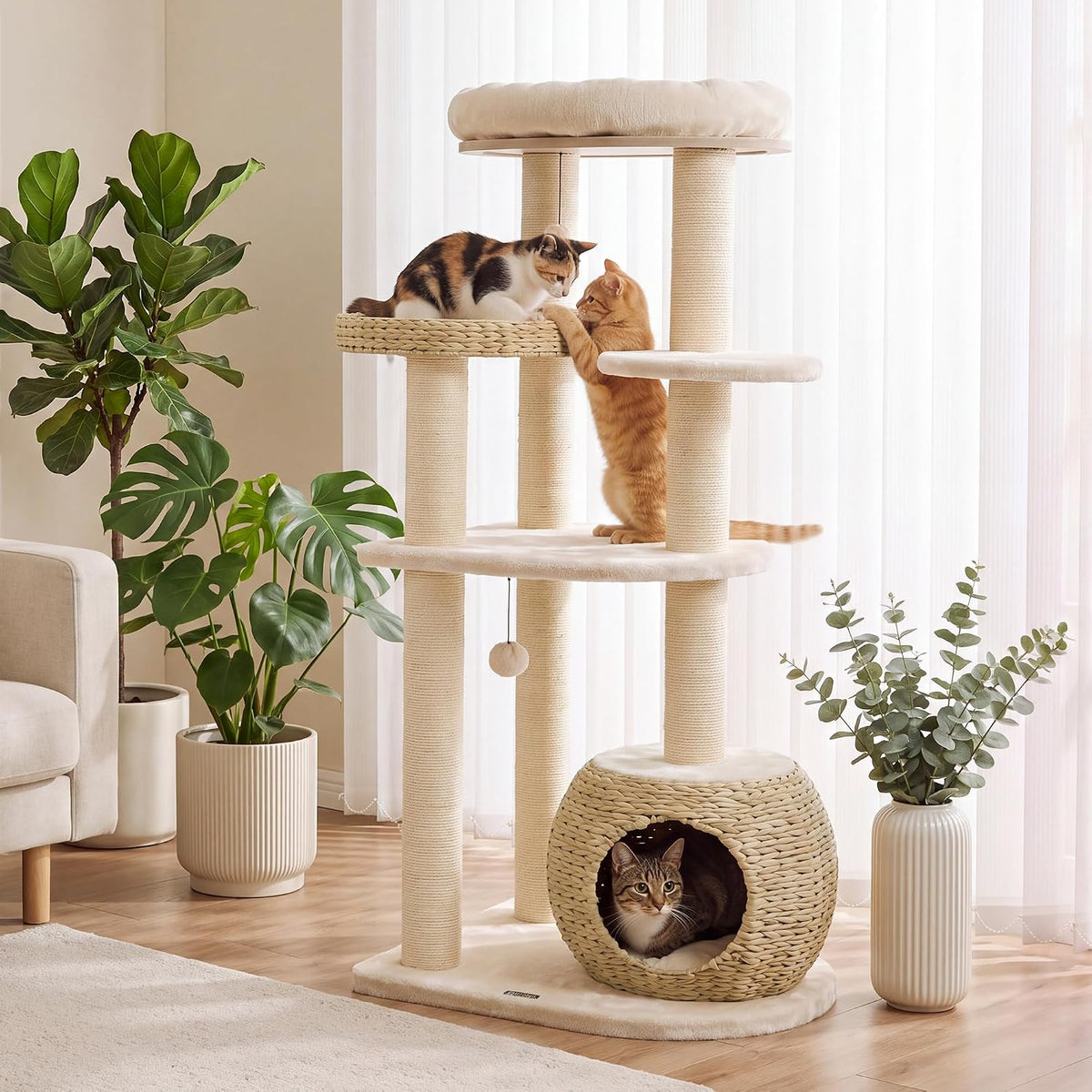 44.8in Modern Cat Tree, White Cat Condo Cats Tower with Cozy Bed & Sisal Scratching Posts, Scratching Ramp and Comfort Basket for Indoor Cats