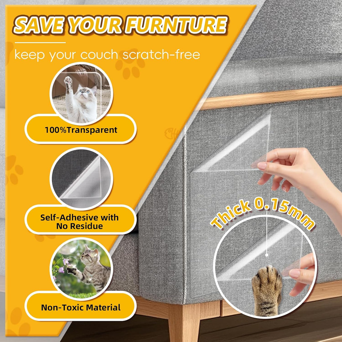 Anti Cat Scratch Furniture Protector, 12 Pcs Self-Adhesive Couch Protector for Cat Claws, Heavy Duty Couch Cover Furniture Protectors from Cats Scratching Tape for Sofa, Corner, Door, Chair