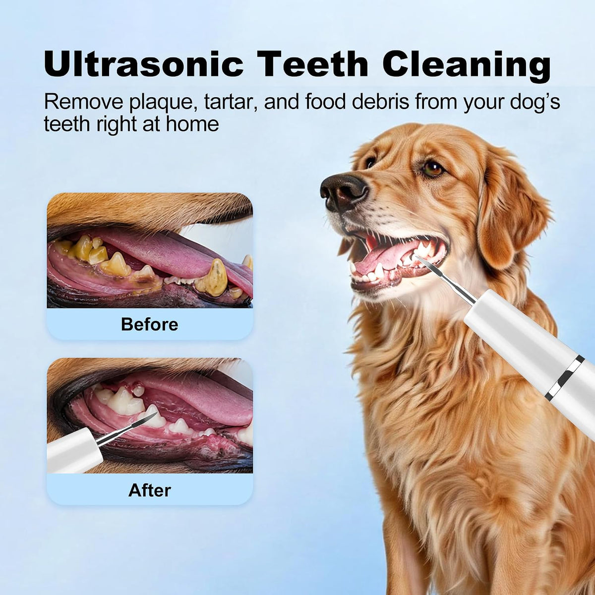 Ultrasonic Dog Teeth Cleaner Kit, Smart Sensor Pet Plaque & Tartar Remover for Dogs & Cats, Adjustable Modes Teeth Cleaning Tool with LED Light, IPX5 Waterproof USB Rechargeable Dog Dental Care Kit