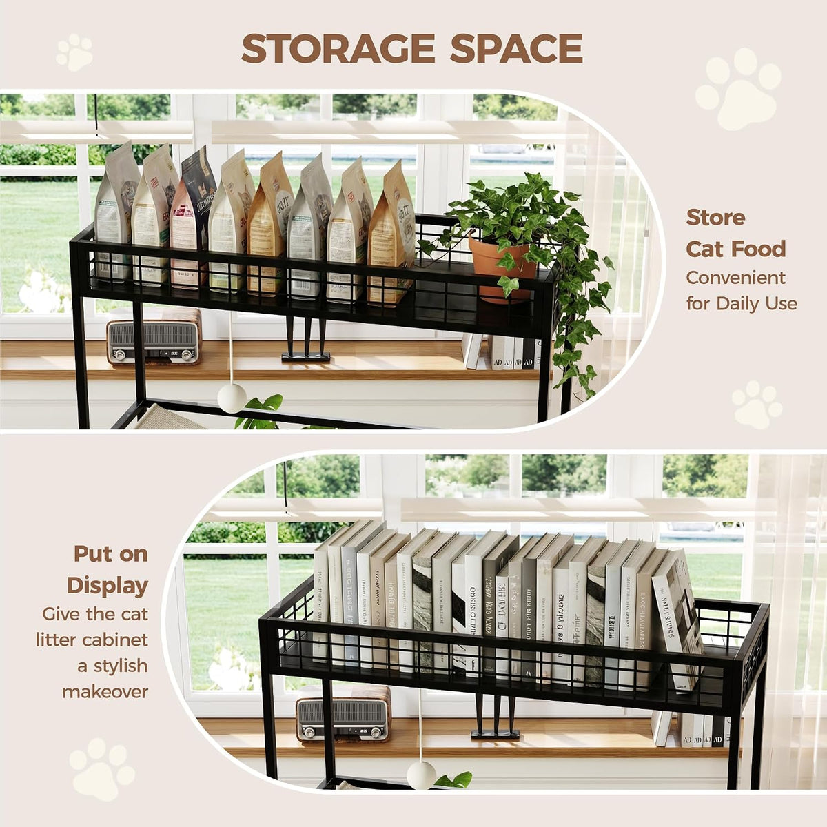 Hidden Cat Litter Box Enclosure Furniture with Storage Rack and Hammock