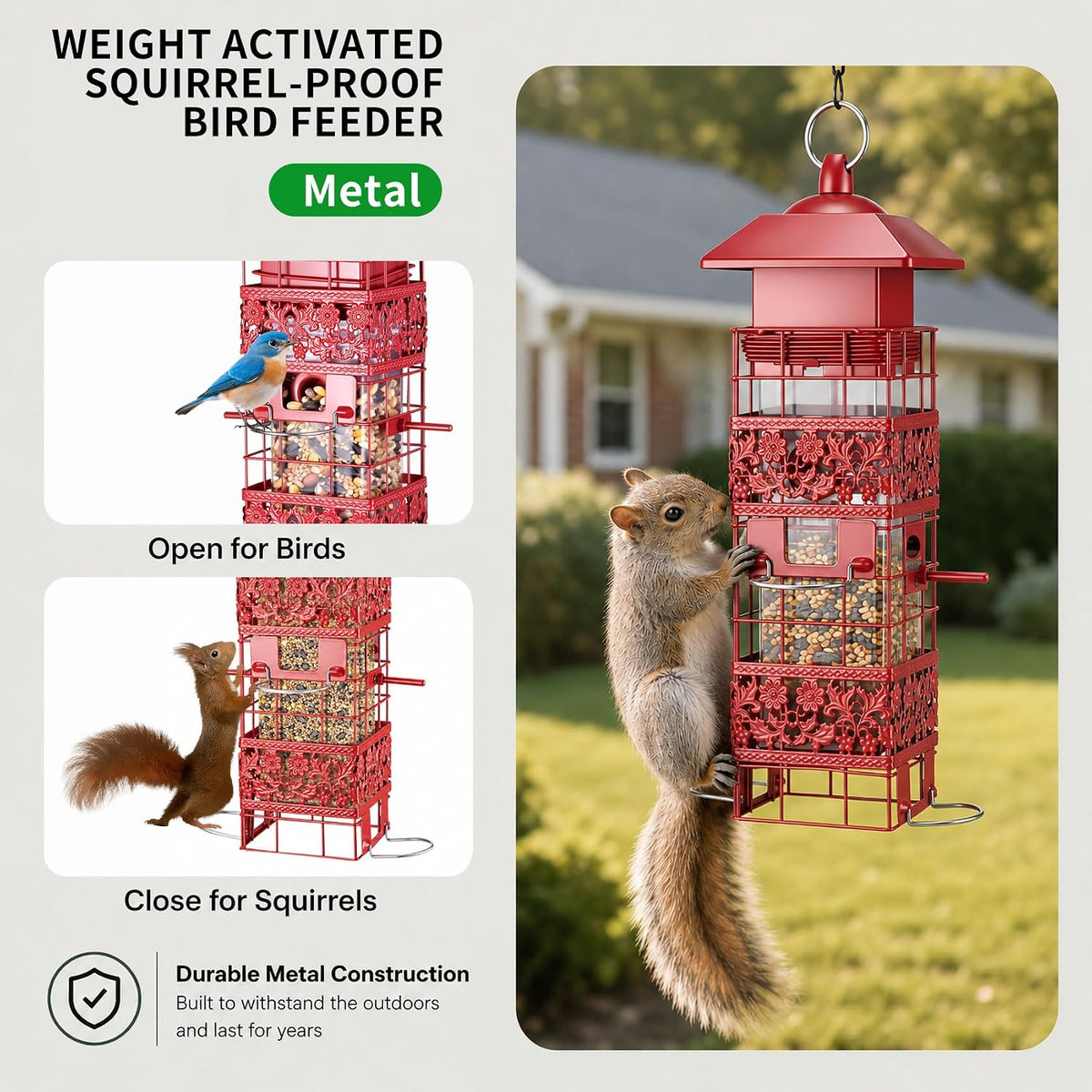 Squirrel Proof Bird Feeder Metal, Weight-Activated for Outdoors