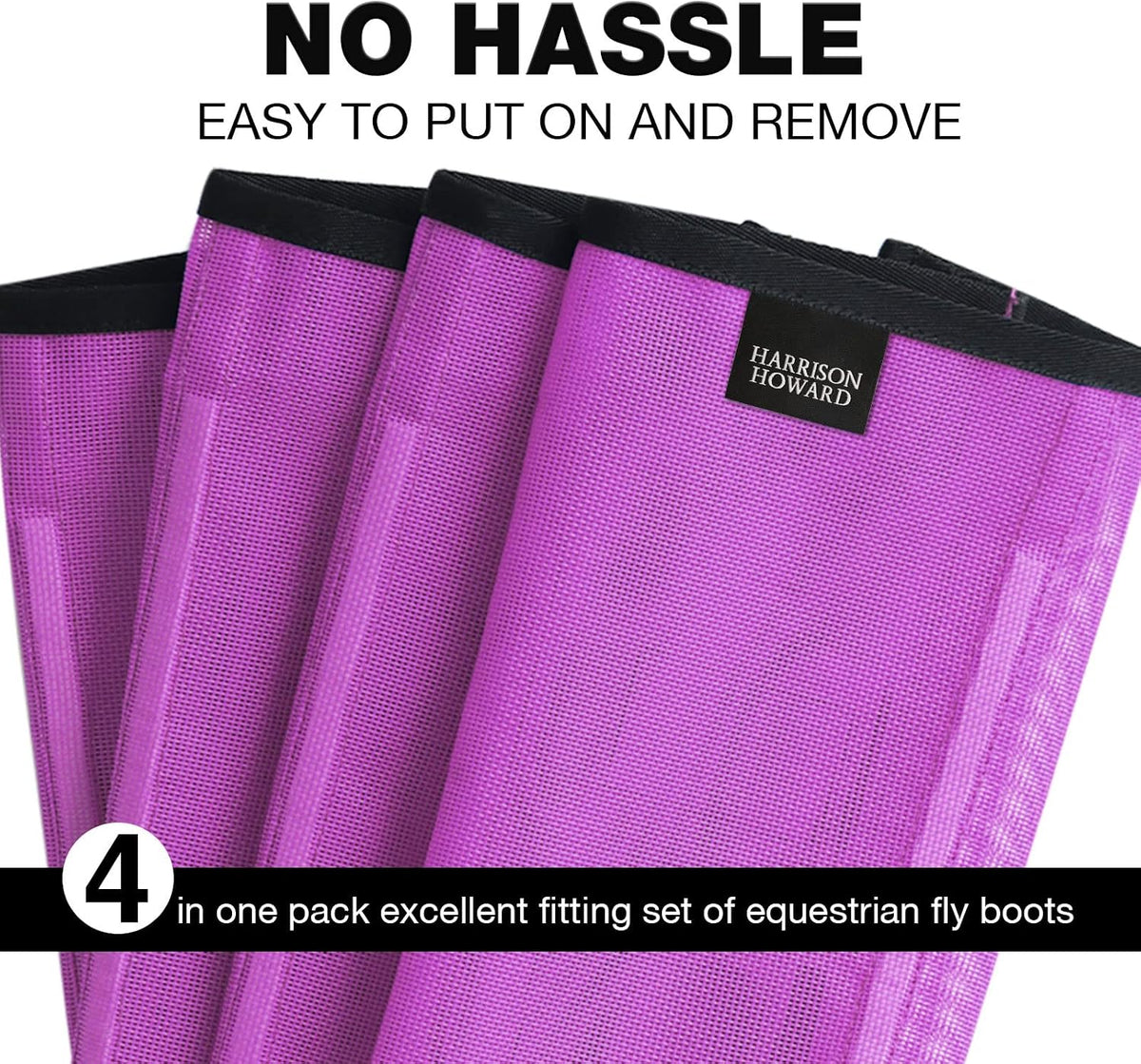 Harrison Howard Loose Fitting Fly Boots UV-Protective Extra Tough Mesh Ventilated Four Fasteners Stay-on Design Protect Horse Legs & Stomp-Reducing Set of 4 Purple Large