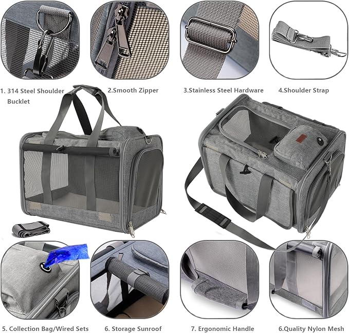 Cat Carriers Soft Grey Small Dog Carrier Airline Approved, Pets Travel Bag - Image 3