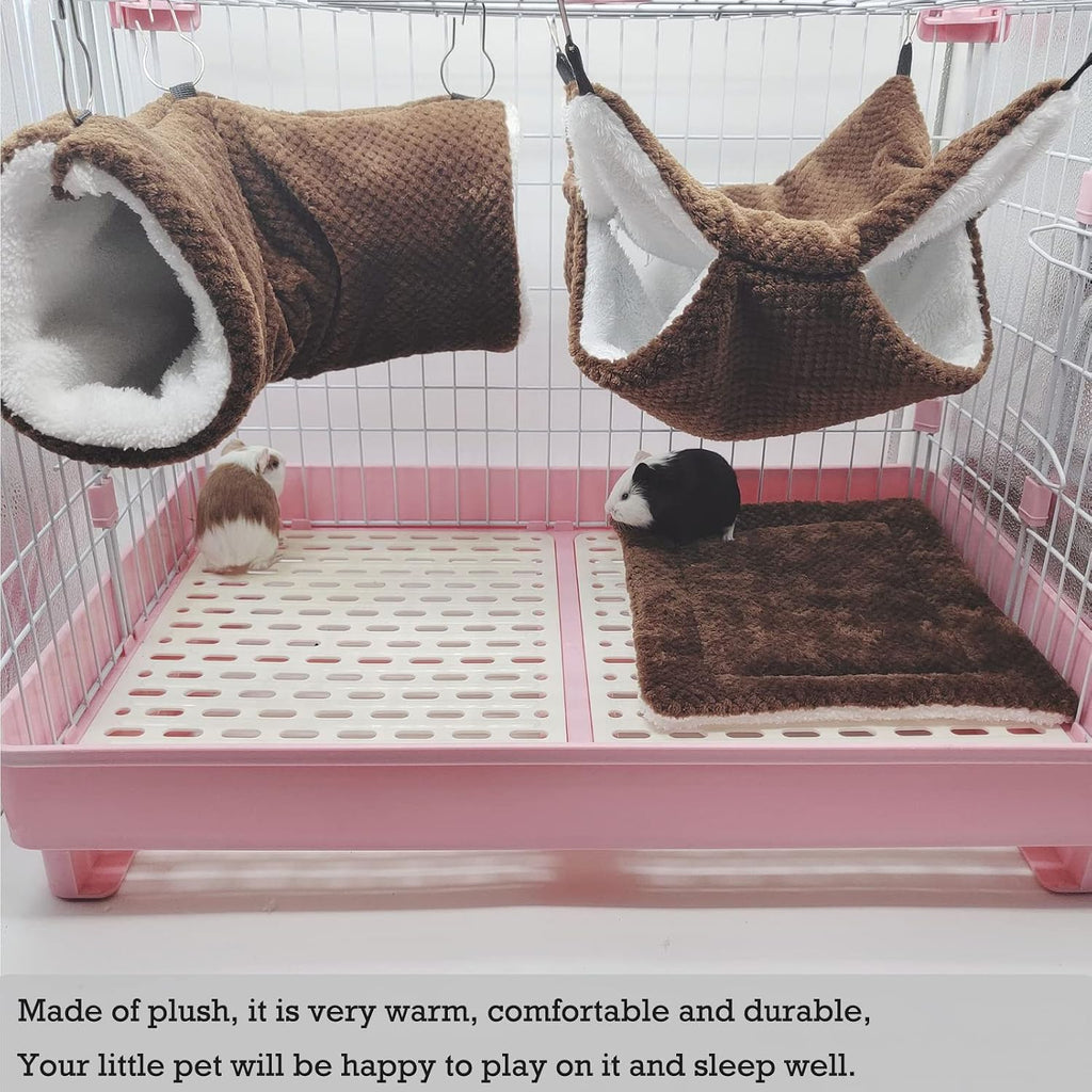 SEIS 3 Pcs Plush Hamster Hammock Set,Sugar Glider Hideout Tunnel Mat,Coffee