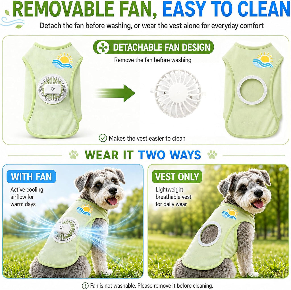 Dog Cooling Vest with Fan, Summer Dog Clothes for Small Medium Dogs, Breathable Mesh Dog Shirt with Detachable 3-Speed Fan, Lightweight Pet Clothes for Hot Weather Walking (Green, Large)