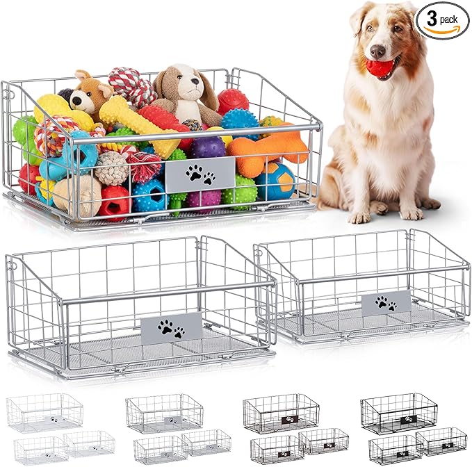 Mimorou 3 Pack Metal Dog Toy Baskets Multi-sized Foldable Dog Toy Bins Box by Mimorou