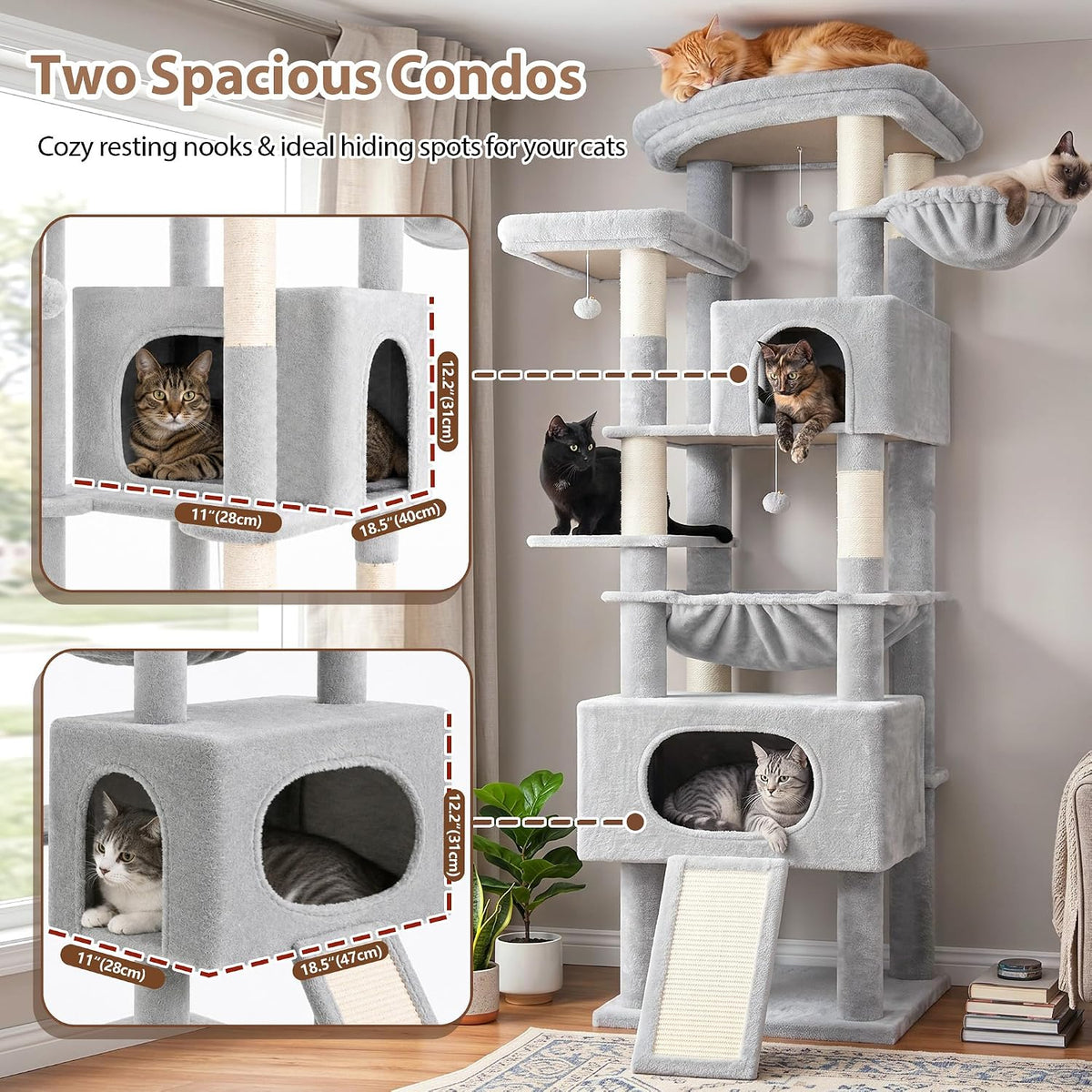 Cat Tree, 78.7'' Cat Tower, 2 Big Condos for Multi Cats GCT061W