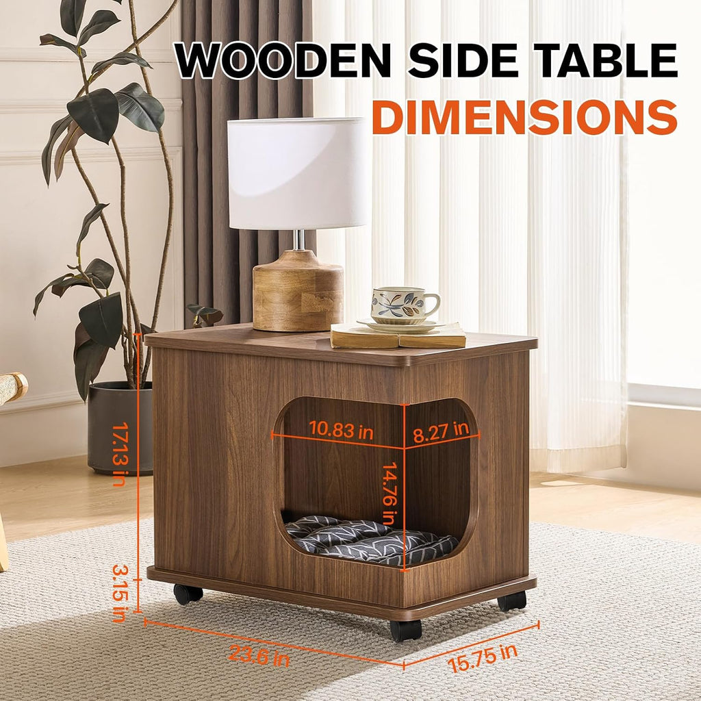Wooden Cat Bed Side Table 2-in-1, Elevated Cat Hideaway Cave House with Cushion, Sturdy Pet End Table Furniture for Indoor Cats Bedroom Living Room（Walnut）