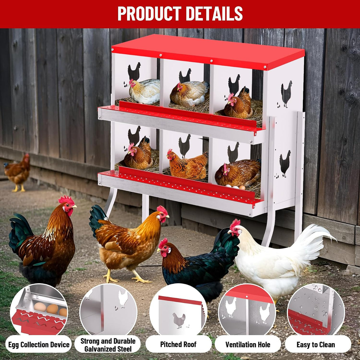 Chicken Nesting Box, 6 Compartment Metal Chicken Nesting Boxes for Chicken Coop, Easy Egg Collection, Easy Cleaning, Chicken Laying Boxes with Bracket Legs for Hens, Red