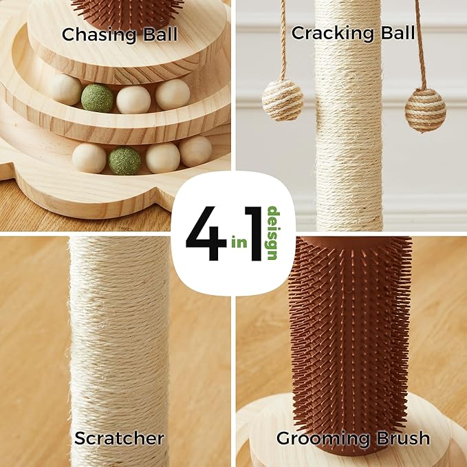 Cat Sisal Scratching Post, 4 in 1 Wooden Cat Scratcher Toy - Image 2