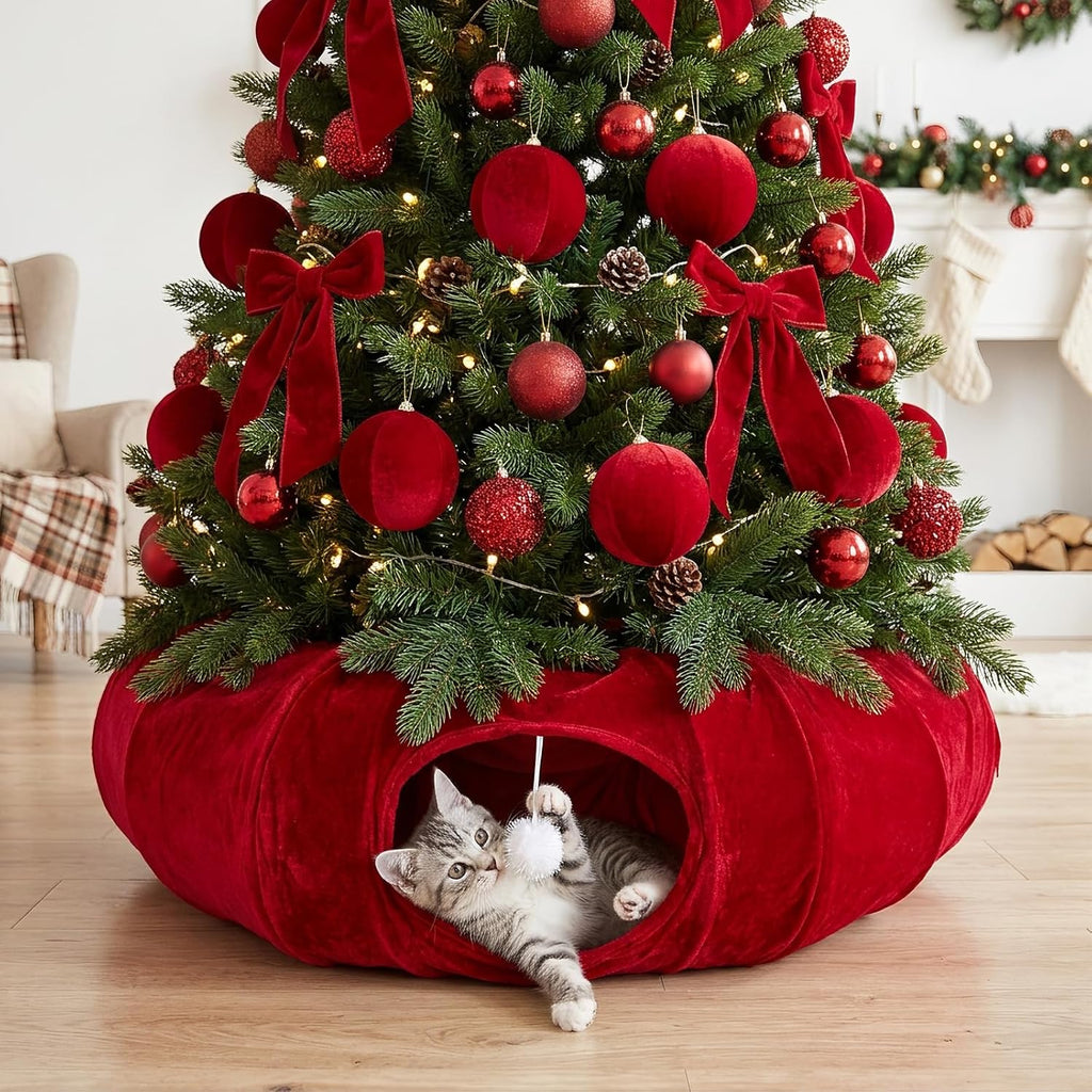 Thyle Christmas Cat Tunnel Bed, Green, 3ft X 3ft X 9.8in, Plush