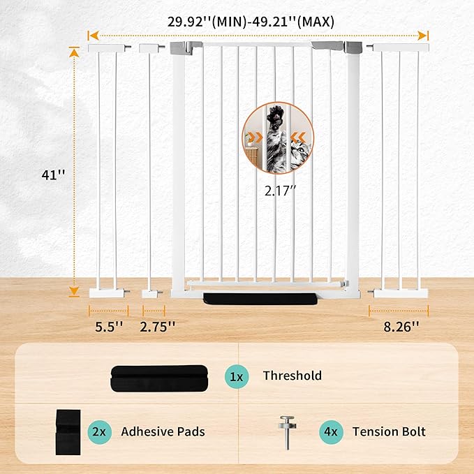 41" Tall Safety Pet Gate, Adjustable 29.92"-49.21" Wide, No Drilling Pressure - Image 2