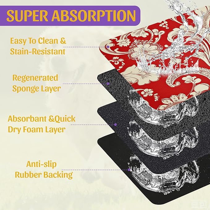 Red White Paisley Pet Food Mat, Absorbent Feeding Pad - Image 3