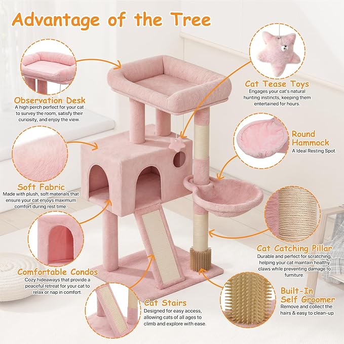 36-Inch Cat Tree for Small Cats, Cozy Condo & Scratching Board, Soft Pink Cat - Image 4