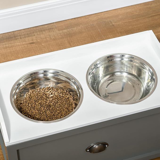 PawHut Feeding Station with Storage Drawer, Food Storage Cabinet with 2 - Image 8