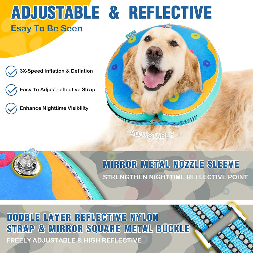Inflatable Reflective Dog Cone Collar Alternative After Surgery,Dog Neck Donut,Recovery Soft Protective E Collar,Adjustable,for Small Medium and Large Dog Cats (Blue, M)