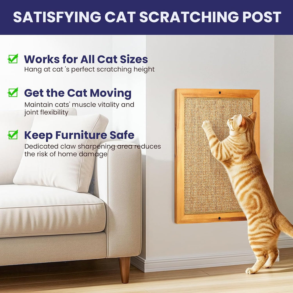 Large Sisal Cats Wall Scratcher, Floor or Wall Mounted Cat Scratching Mat, Durable cat Scratch Pads for Indoor Cats, Framed Sisal Scratch Pad Mat, Wall Cat Scratching Post for Furniture Protector
