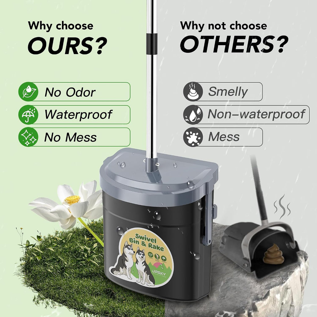 UPSKY 33.4" Dog Pooper Scooper Swivel Bin & Rake Kit with 100 Waste Bags