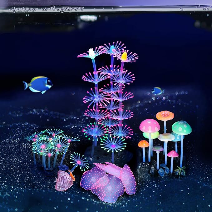 Lpraer 4 Pack Glow Aquarium Decorations Coral Reef Glowing Mushroom Anemone - Image 2