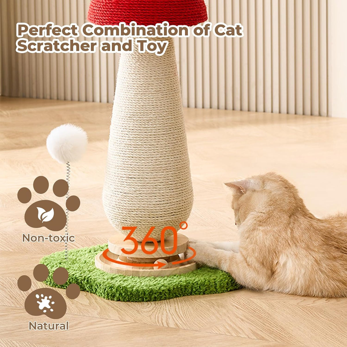 Mushroom Cat Scratching Post with Interactive Ball Track Spring Ball Cat Toys, 21.2" Cat Sisal Scratcher Tree for Indoor Cats, Red