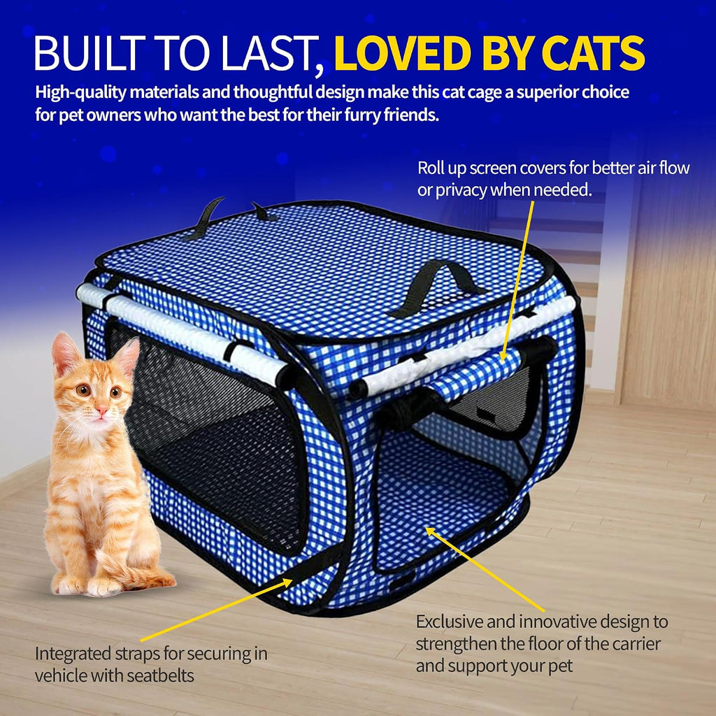 Extra Large Cat Carrier for Travel - Blue Checkers