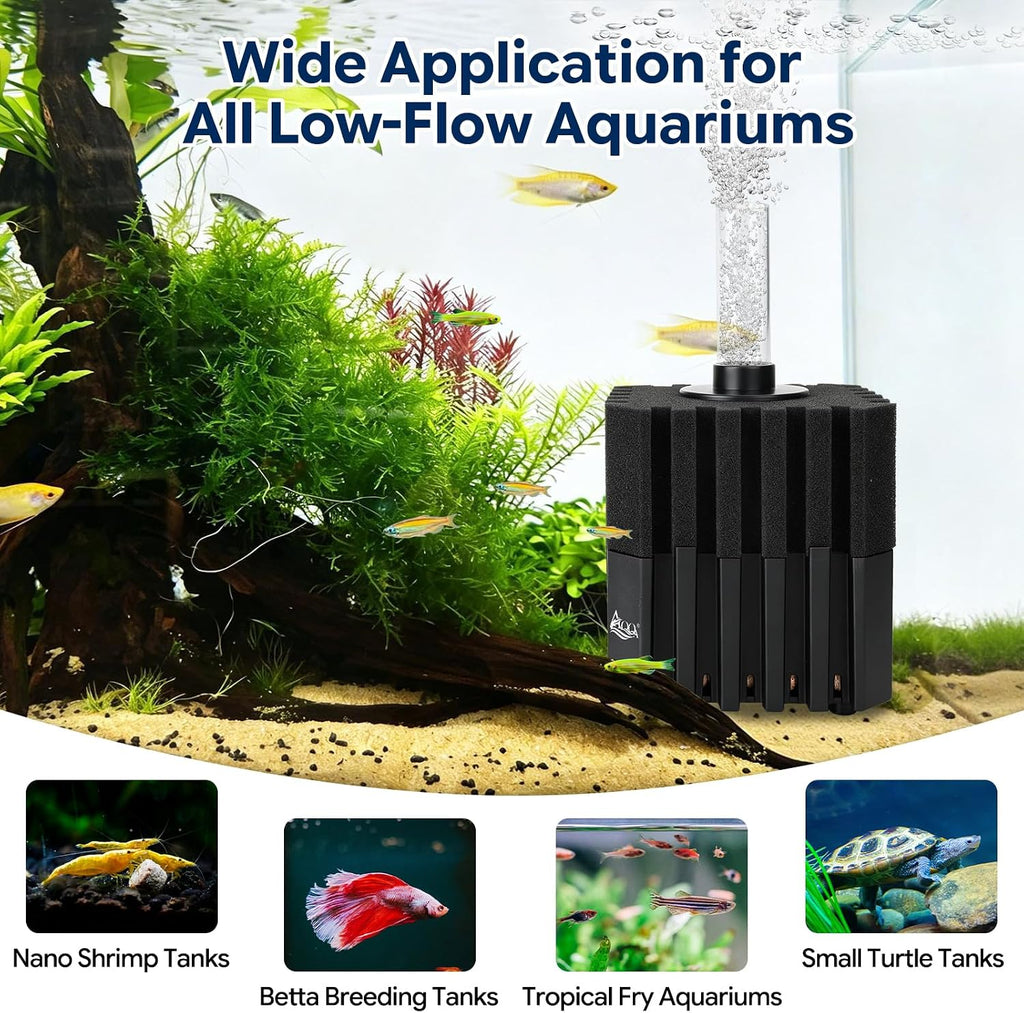 AQQA Aquarium Sponge Filter with Quartz Bio Media, Whisper Quiet Air-Driven