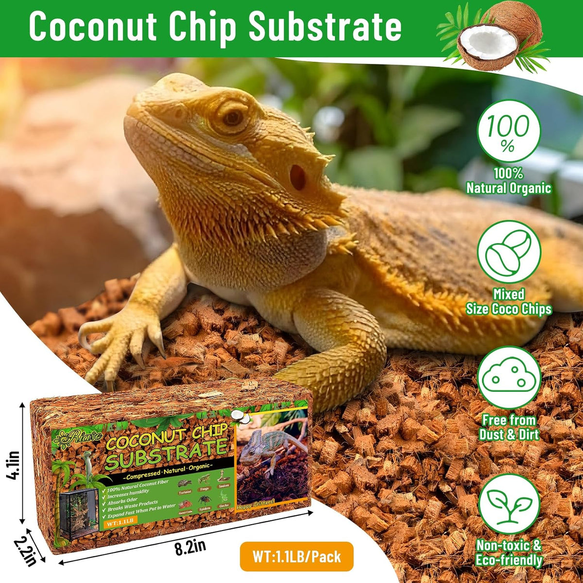 Riare 4Pack Coconut Husk Chip for Reptiles, 4.4LB Coconut Fiber Substrate