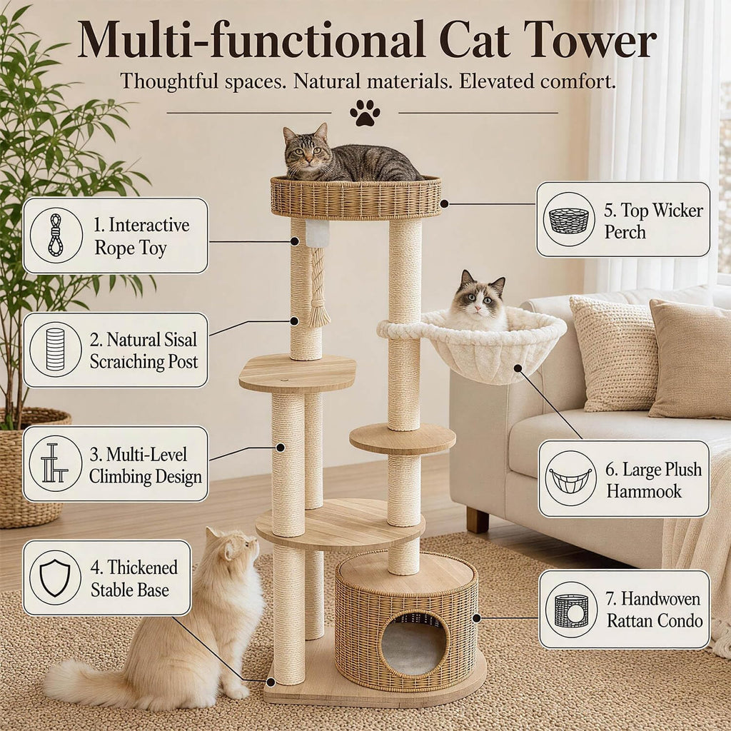 53'' Solid Wooden Cat Tree for Indoor Cats，Modern Large Cat Tower