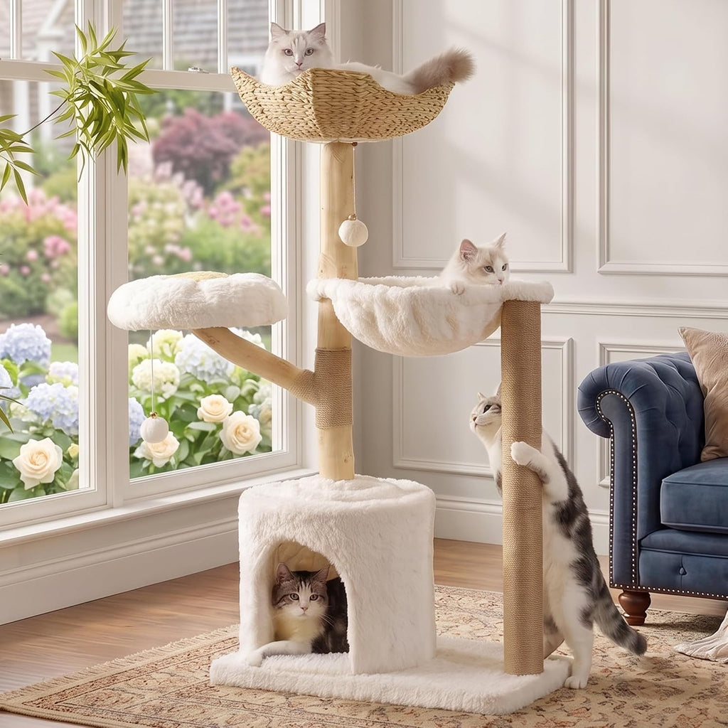 Moewrista Modern Cat Tree with Hammock 48.5 Inches Cat Tower with Scratching Post,Featuring Real Wood Post,Large Rattan Basket, Spacious Flower Perch and Condo for Indoor Cat Large Adults-Beige