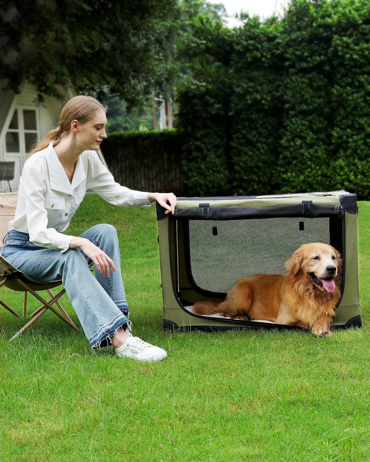 Veraste 30 in Collapsible Dog Crate for Medium Dogs, 4 Door Kennel,Green