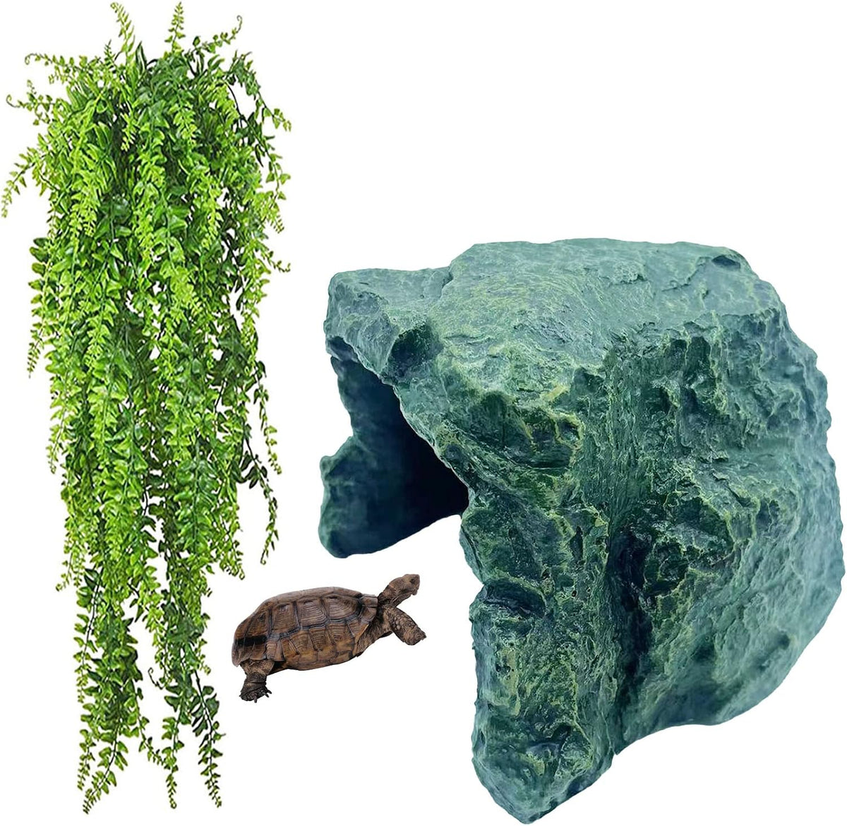 Reptile Rock Hideout Cave,Tortoise Hide Caves,Resin Hides Shelter,Reptile Green Plant Decoration Habitat Decor Terrarium Accessories for Lizards Bearded Dragon Gecko Turtles Spiders