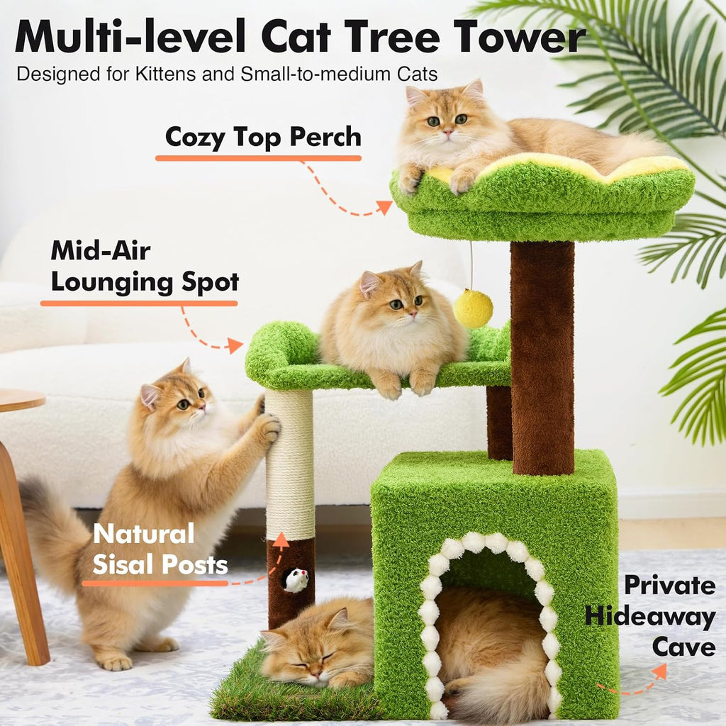 WOOCHPET Sunflower Short Cat Tree with Cat Scratching Posts Small Cat Tower