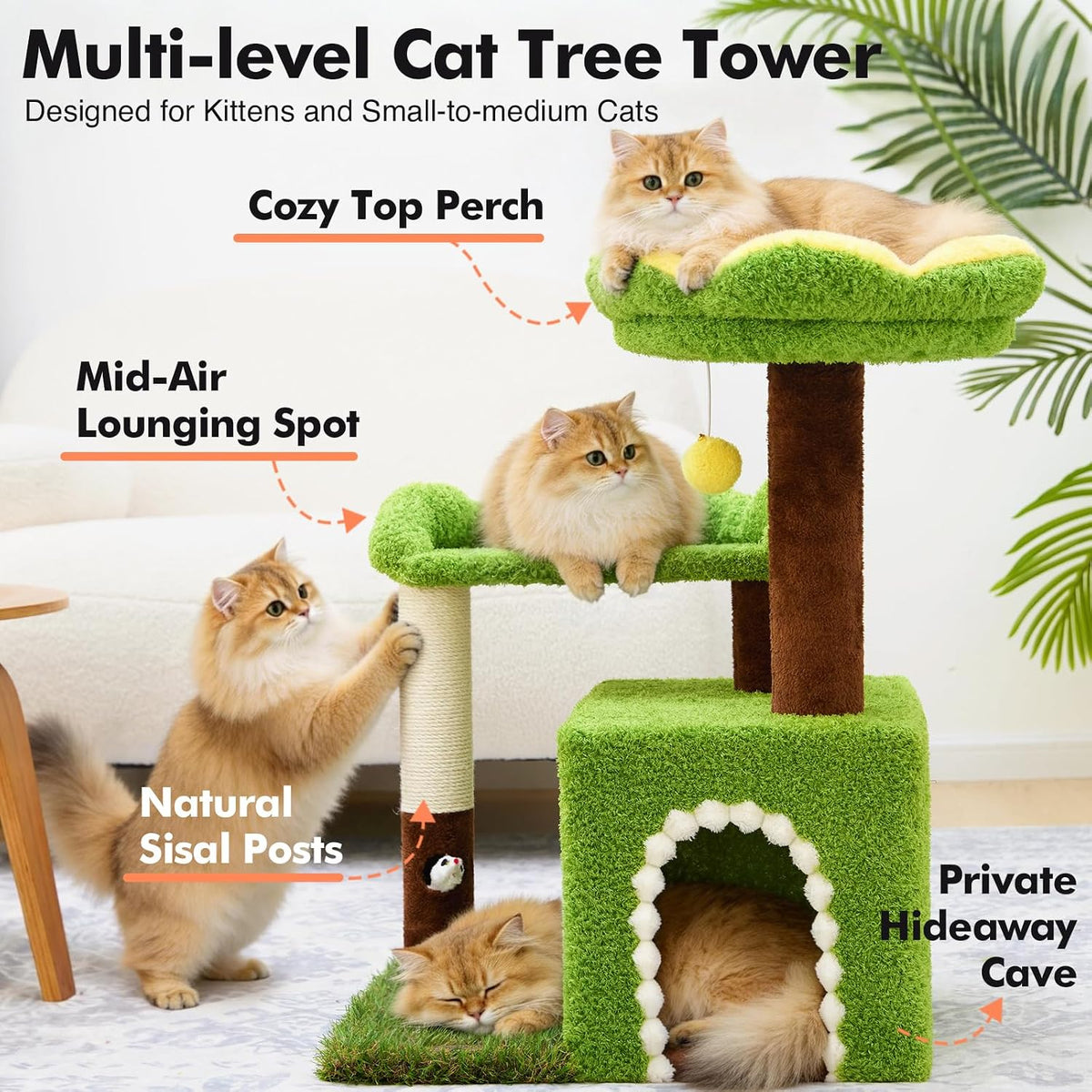 WOOCHPET Sunflower Short Cat Tree with Cat Scratching Posts Small Cat Tower